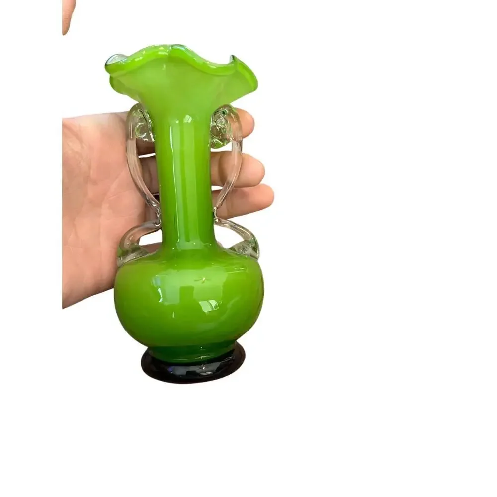 Vintage Blown Glass Double Applied Handle Vase Green Fluted Ruffled Rim